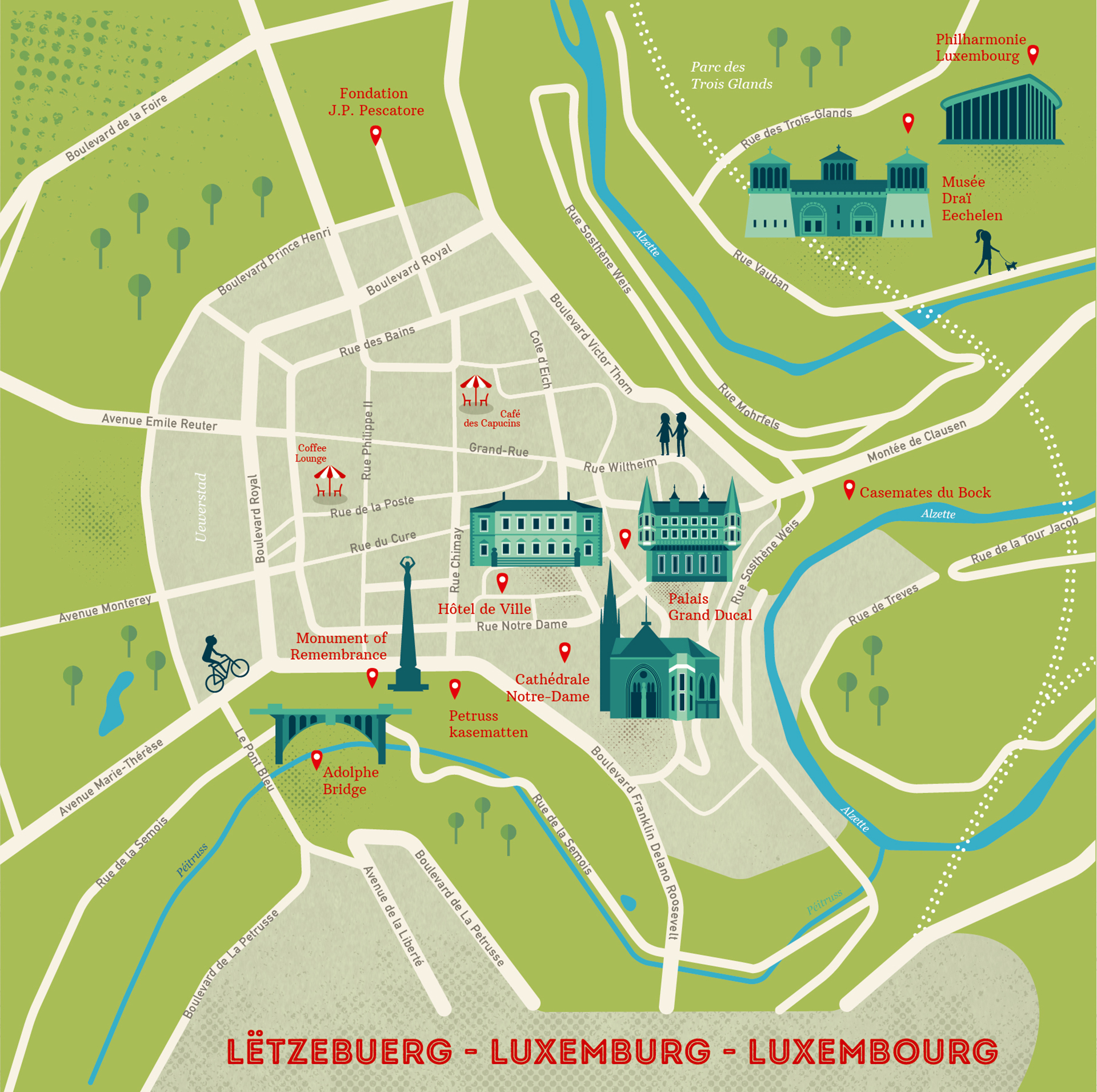 04-Luxemburg Hand-drawn illustrated map of Île d’Oléron, showing landmarks, coastline, nature areas, and local details.