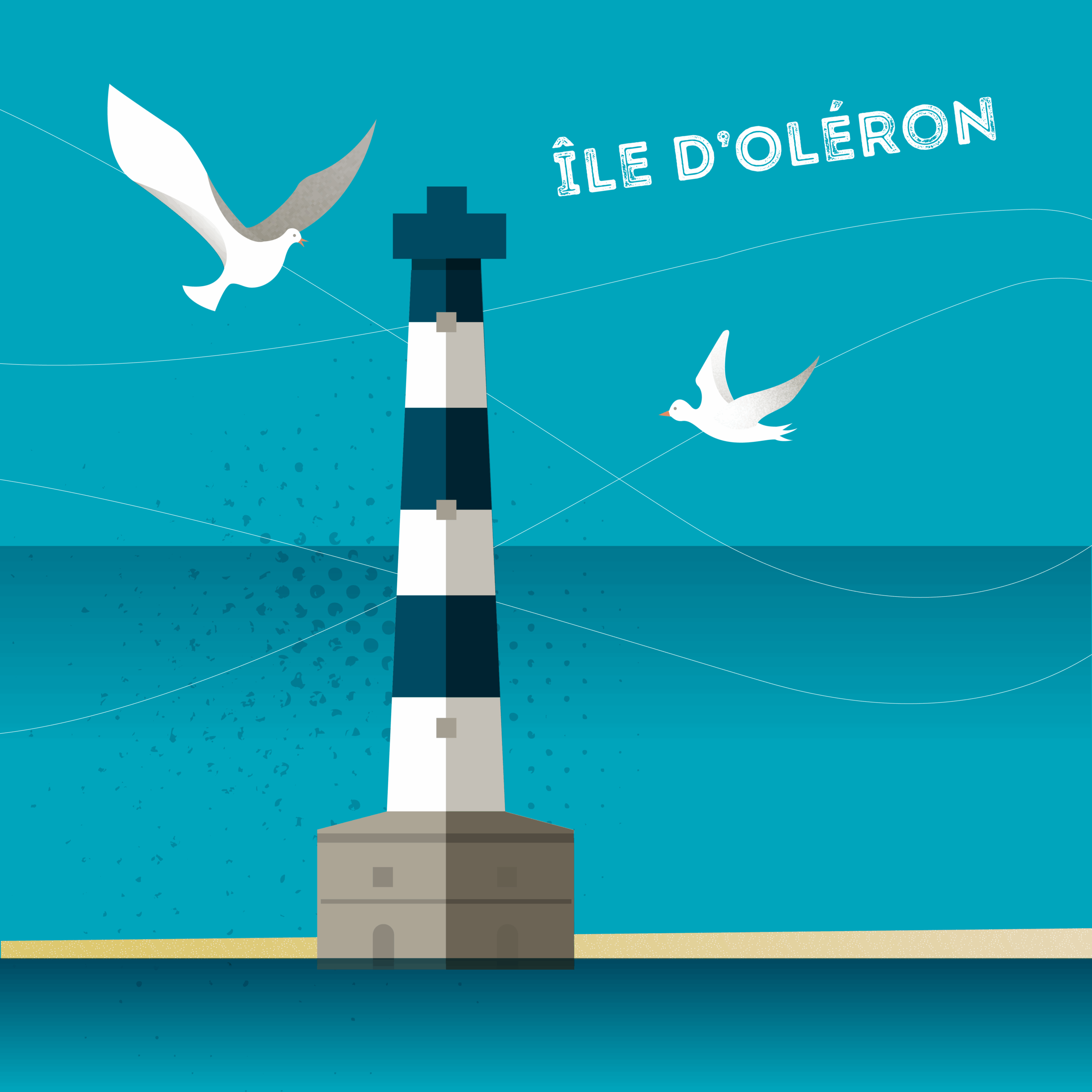 Île d’Oléron – Illustrated Island Map Hand-drawn illustrated map of Île d’Oléron, showing landmarks, coastline, nature areas, and local details.